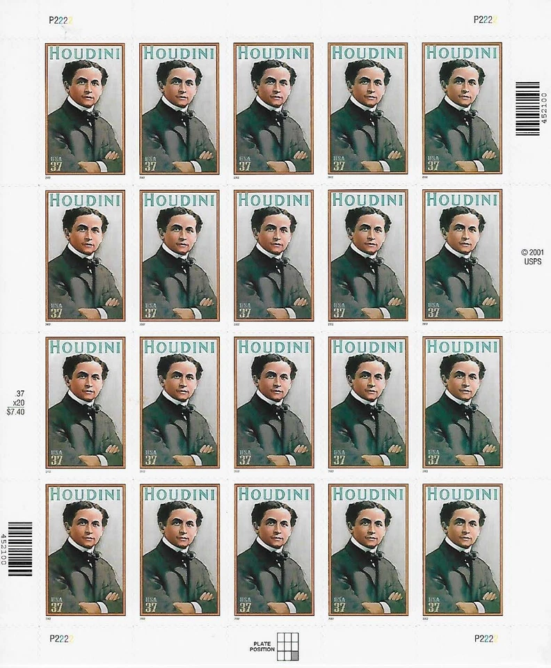 US Harry Houdini 37c Stamp Sheet Scott #3651 - Image 1 of 1