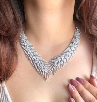 Indian Bollywood Silver Plated Ethnic AD CZ Jewelry Earrings Necklace Bridal Set - Image 1 of 3