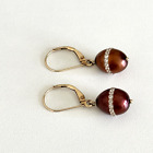 14K Solid Yellow Gold Brown Red Cultured Pearl CZ Leverback Ladies Drop Earrings