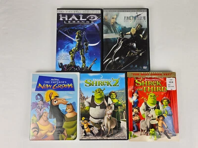 Lot of 5 DVDs Halo Legends, Final Fantasy 7, The Emperor's New Groove, Shrek 2+3 Foto 1 de 2