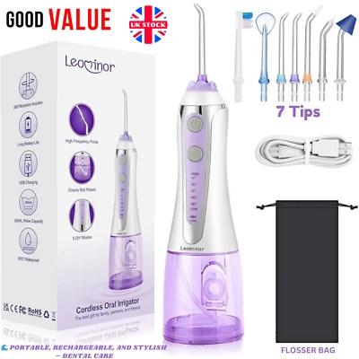 LEOMINOR Water Cordless Water Flosser Dental Oral Irrigator Teeth Cleaner 7 Jet Tips Tool