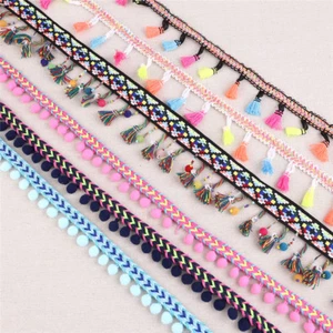 2 Yards Rainbow Tassel Lace Ribbon Pompom Trims Fabric DIY Sewing Accessories - Picture 1 of 14