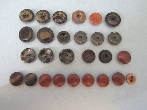 27 BUTTON Composition Bovine Bone Foil Fleck Tinsel Overlay Mottled Vintage Cover