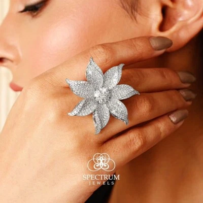 Anillo de cóctel con flores cultivadas en laboratorio diamante CVD oro blanco macizo de 14 k regalo 3,16 quilates Foto 1 de 4