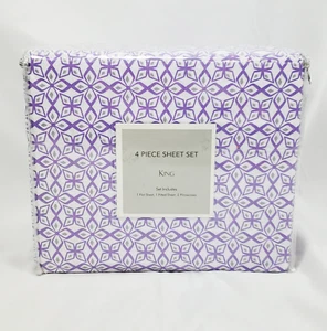 Purple & White 4-Piece Sheet Set, King - Flat & Fitted Sheets Pillowcases - Picture 1 of 3