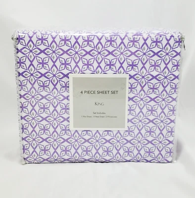 Purple & White 4-Piece Sheet Set, King - Flat & Fitted Sheets Pillowcases        - Image 1 of 3