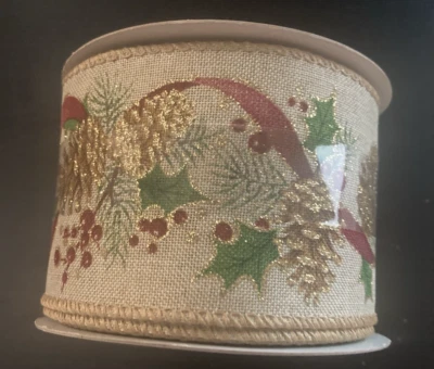 Cinta de borde con cable beige con brillo piñas acebo 2 1/2 ”x 20 pies Foto 1 de 4