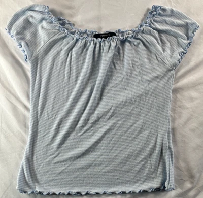 Forever 21 Short Sleeve Striped Blouse Top Sz Large Blue Striped Womens - Image 1 of 4