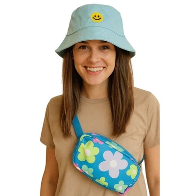 Paquete de sombrero y cintura Smiley Bucket para mujer azul floral emoji playa viaje regalo NUEVO Foto 1 de 4
