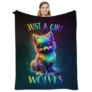 Wolves Blanket - Cute Wolf Gift, Kawaii Baby Wolf Rainbow Starry Colors Throw... - Picture 1 of 6