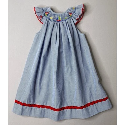 VIVE LA FETE Girls 24 Mo Smocked Sailboats Blue Seersucker Bishop Dress - Image 1 of 4
