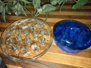 Vintage Pair Clear Glass & COBALT Blue 19 & 11 Hole Floral Flower Frog  - Picture 1 of 11