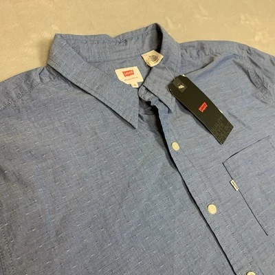 NUEVO CON ETIQUETAS Camisa Levi's Hombres XL Azul Patrón de Lunares Manga Corta Bolsillo Abotonado Pestaña Blanca Foto 1 de 4