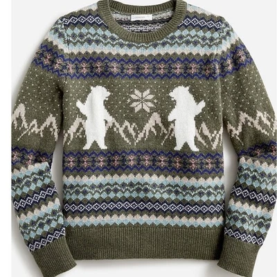 Suéter Crewcuts by J.Crew Fair Isle Bear tejido de lana verde niños talla grande invierno Foto 1 de 4