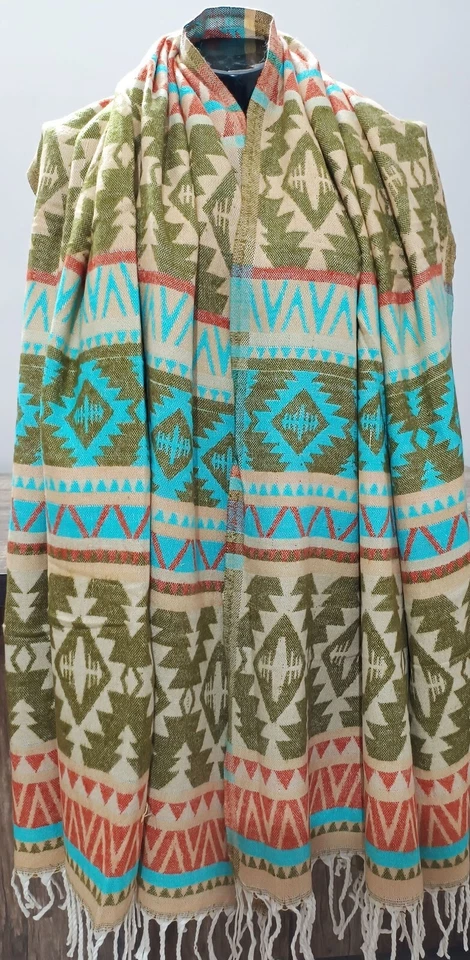 Hand Woven Himalayan Shawl Long Throw Reversible blanket multicolor unisex wrap - Image 1 of 4