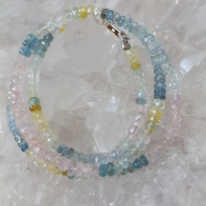 Aquamarin & Morganit Heilstein Kette facettiert 925 Sterlingsilber Rarität K668 - Bild 1 von 7