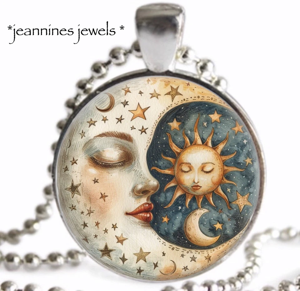 Collar Luna Media Luna Sol Celestial Arte Popular Bohemio Plata Dije Colgante Foto 1 de 4