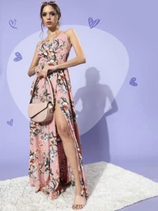 Designer Indian Pink Floral Print Maxi Dress for Women, Indo Western Dress - Picture 1 of 7