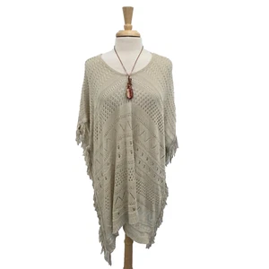 Rue21 Cream-Colored Knitted Poncho With Fringe Details Womens Size L/XL Boho - Picture 1 of 13
