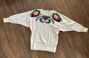 Women's Vintage Cedars White Cotton Blend Colorful Jewel Embellishments Large - Picture 1 of 9