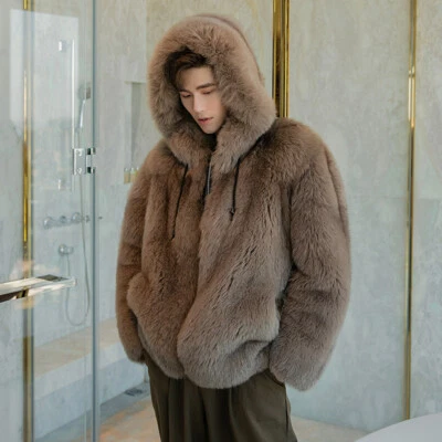 New Luxury Fox Fur Whole Skin Imitation Fur Coat Mens Fox Fur Hooded Warm Jacket - Image 1 of 4