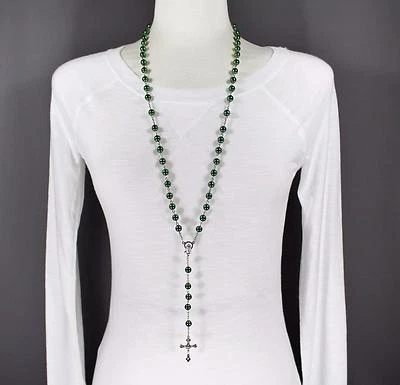 Зеленый стеклянный бисер четки серебряный крест 30» длинное ожерелье искусственный жемчуг - Изображение 1 из 4