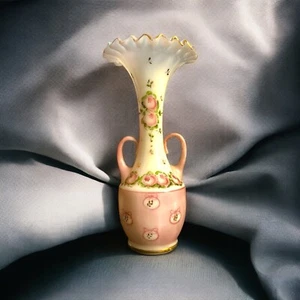 Fenton Glas Vase Charleton Rose 1940er 11" weiß handbemalt gekräuselte Oberseite #5078 - Bild 1 von 9
