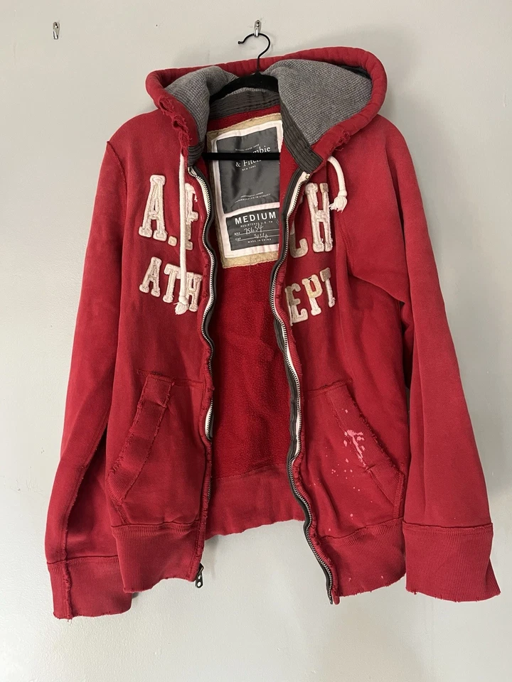 Abercrombie & Fitch Distressed Red Zip Up Hoodie Heavy Weight Size Medium - Image 1 of 4