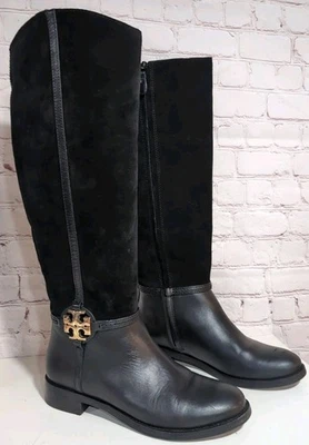 TORY BURCH Miller Black Leather Riding Boots SZ 8.5 M Gold logo Tall Knee High  - Image 1 of 4