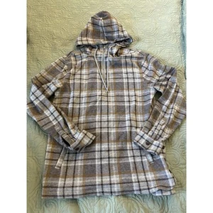 Express Hoodie Mens Medium Brown Plaid Long Sleeve Pullover Cotton Blend - Picture 1 of 3