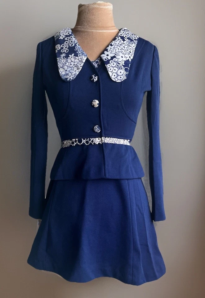 Vintage 60s Mod Floral Navy Dress And Jacket 2 Piece Twee Mod Wes Anderson XS - Image 1 of 4