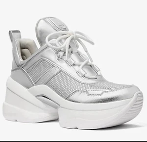 Michael Kors Damen-Sneaker Größe 9,5 Olympia Kristallverzierung Silber Neu im Karton - Bild 1 von 7