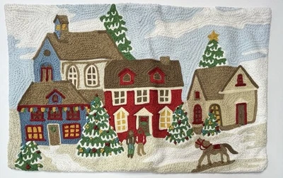 Pottery Barn Winter Village Crewel Embroidered Lumbar Pillow Cover Gently Used - Image 1 of 4