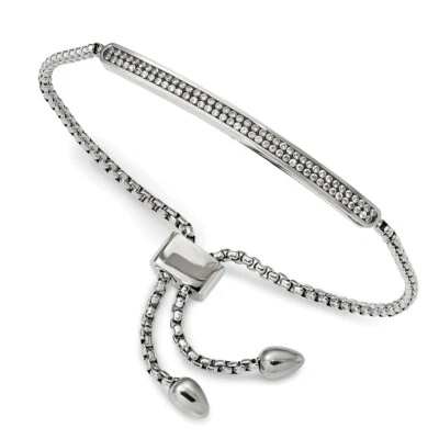 Chisel Stainless Steel Polished with 2 Row CZ Bar Friendship/Bolo Adj Bracelet S - Image 1 of 2