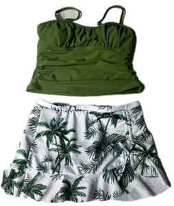 ADIRUN Girls 2-Piece Tankini Swimsuit Green Palm with Ruffle Skirt 10-12 - Picture 1 of 4