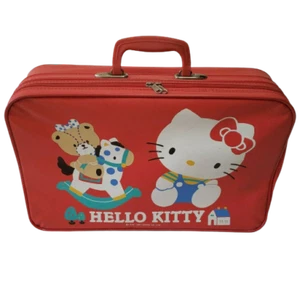 VINTAGE 1987 SANRIO HELLO KITTY + TINY CHUM TEDDY BEAR KIDS RED ZIPPER SUITCASE - Picture 1 of 12