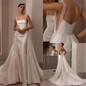 Elegant Satin Mermaid Wedding Dresses With Detachable Train Beaded Bridal Gowns - Picture 1 of 9