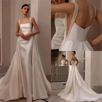 Elegant Satin Mermaid Wedding Dresses With Detachable Train Beaded Bridal Gowns - Image 1 of 4