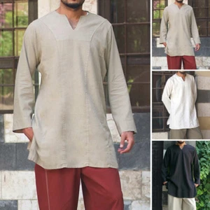 UK STOCK Mens Retro Linen Cotton Shirt Long Sleeve Loose Short Kaftan T Shirts - Picture 1 of 15