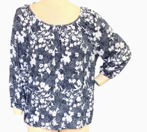 Michael Kors Cotton Modal Floral Peasant Top L Blue & White 134i - Picture 1 of 7