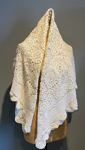 Crocheted Cotton Ivory / Ecru Shawl - Picture 1 of 11