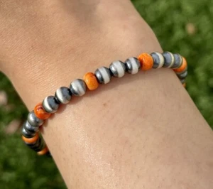 Genuine Orange Spiny Oyster 6mm 7 Inch 925 Sterling Silver Pearls Bead Bracelet - Picture 1 of 12