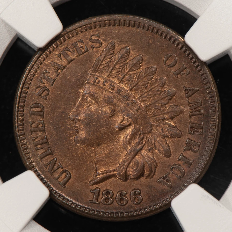 1866 1c Indian Head Cent - Red Brown Key Date - NGC MS 62 RB - VIDEO - SKU-B5166 - Image 1 of 4