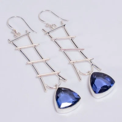 Pendientes étnicos de piedras preciosas de iolita de plata de ley 925 3" KE-469 y033 Foto 1 de 4