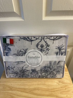 Portofino Jungle Toile Elephant Print White Blue Queen Sheet Set  Made in Italy - Image 1 of 4