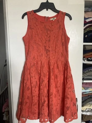 Womens Juniors YA Los Angeles Coral/Orange Color Lace Flowers Dress Size L Cute - Image 1 of 4