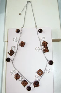 SMOKEY QUARTZ + CLEAR ROCK CRYSTAL CHARM NECKLACE STERLING SILVER 20" TO 21" QVC - Picture 1 of 1