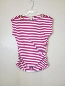 Michael Kors Womens Pink White Striped Ruched Zipper Shoulder Knit Top Sz M  - Picture 1 of 11