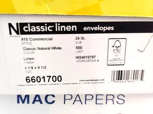 Neenah #10 Classic Linen Envelope, Natural White 500 9-1/2X4 1/8" - Picture 1 of 1