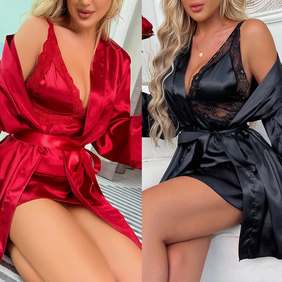 Womens Sexy Lingerie Tie Satin Robe Slip Dress Set Nightgown Underwear Sleepwear - Image 1 of 4